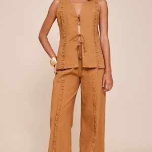 Tan Linen Look Wide Leg Drawstring Trousers