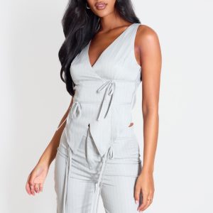 Tall Grey Pinstripe Tie Front Detail Crop Top