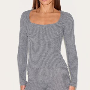 Tall Charcoal Rib Knit Square Neck Long Sleeve Top