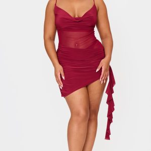 Plus Wine Double Layer Slinky Mesh Panel Bodycon Dress