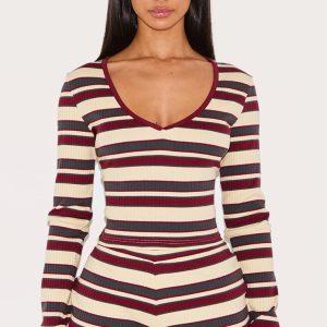 Petite Multi Stripe Ribbed Long Sleeve Top