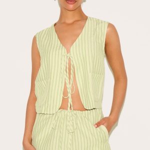 Petite Olive Striped Woven Tie Front Longline Waistcoat