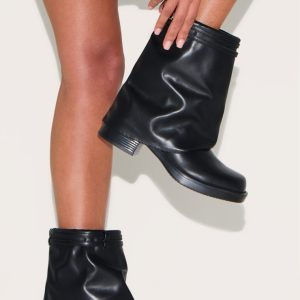 Black PU Round Toe Fold Over Buckle Strap Ankle Boots