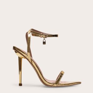 Gold Pu Point Toe Lock Charm Heeled Sandals