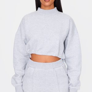 Tall Grey Marl High Neck Tie Waist Crop Sweatshirt