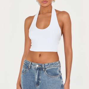 Basic White Slinky Scoop Neck Halter Top