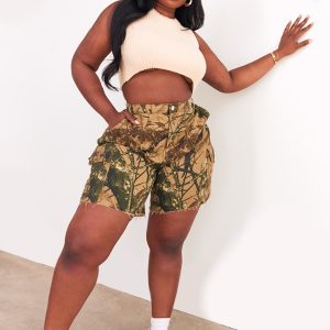 Plus Khaki Camo Denim Cargo Shorts - Khaki, 16