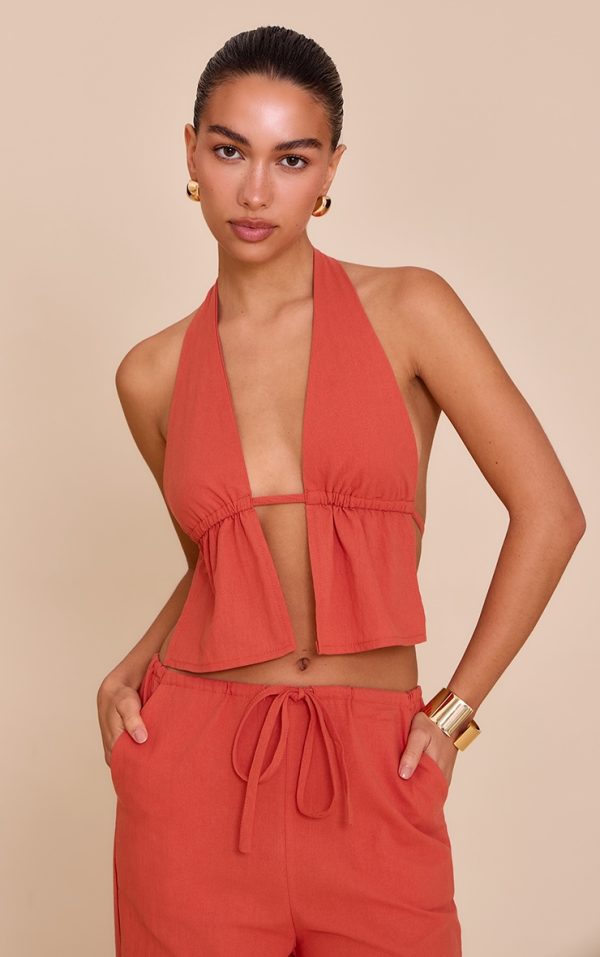 63ea6fd51a4a65cd6b6cb7d159eb7f281a6ceeb3_CNM5230_1_rust_cotton_halterneck_backless_plunge_top