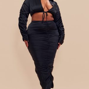 Plus Black Ruched Satin Midaxi Skirt