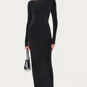 Black Sinky Ruched Panel Detail Maxi Dress