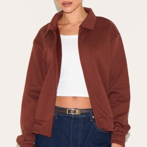 Chocolate Zip Through Collared Sweatshirt