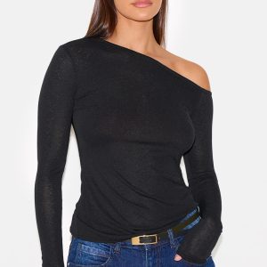 Black Burnout Mesh Asymmetric Shoulder Long Sleeve Top