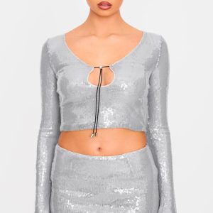 Silver Sequin Long Sleeve Tie Front Top
