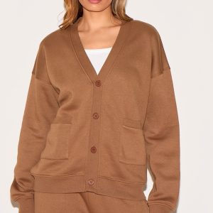 Taupe Button Front Pocket Sweat Cardigan