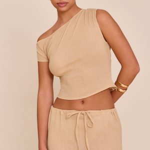 Sand Cheesecloth Off The Shoulder Asymmetric Top