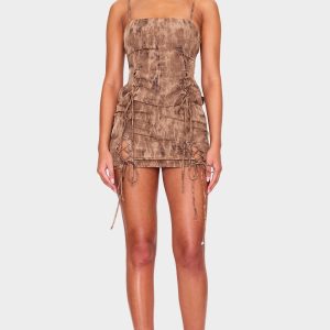 Tall Washed Brown Lace Up Side Mini Skirt