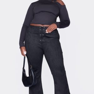 Plus Black Contour Long Sleeve Knot Detail Top