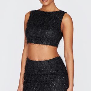 Tall Black Sequin Detail Open Back Crop Top