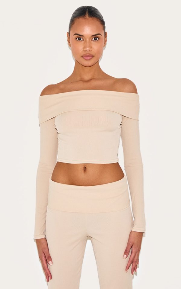 6a4eb8ee8b8a2e53b7a153fd83e196f8651b9f6a_CNL2587_1_beige_rib_bardot_foldover_flute_sleeve_longline_top
