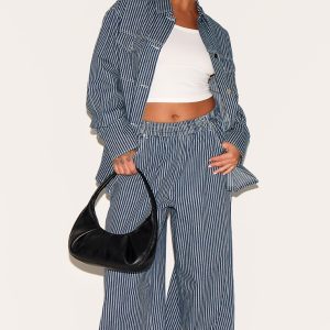 Plus Blue Pinstripe Elasticated Waist Jeans