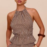 6b940c300c6a33b1d7b6c267d5d09bdb9dcc5e7f_CNM1764_1_brown_stripe_woven_ruched_backless_halterneck_long_top