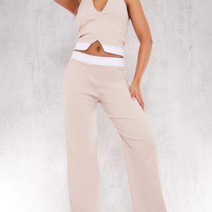 Stone Stretch Woven Contrast Wide Leg Trousers