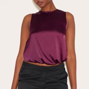 Wine Satin Bubble Hem Top