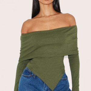 Petite Khaki Bardot Asymmetric Ribbed Hem Top