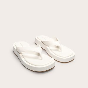 White Pu Round Toe Thong Flatform Sandals