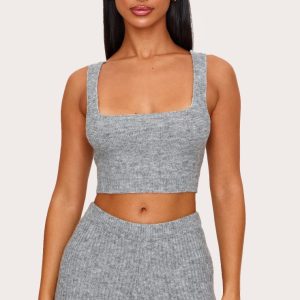 Petite Grey Marl Rib Knit Crop Top