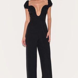 Black Woven Plunge Straight Leg Jumpsuit