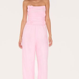 Pale Pink Mesh Overlay Bandeau Rose Applique Jumpsuit