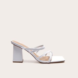 White PU Wide Fit Square Toe Strappy Block Heeled Mules