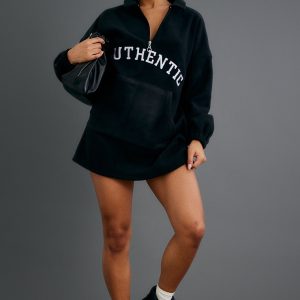 Black Authentic Slogan Half Zip Fleece Jumper Dress
