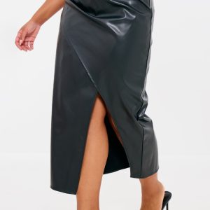 Plus Black Faux Leather Asymmetric Midi Skirt