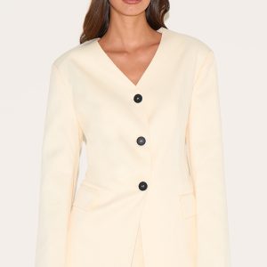 Sand Premium Tailored Collarless Button Up Fitted Blazer