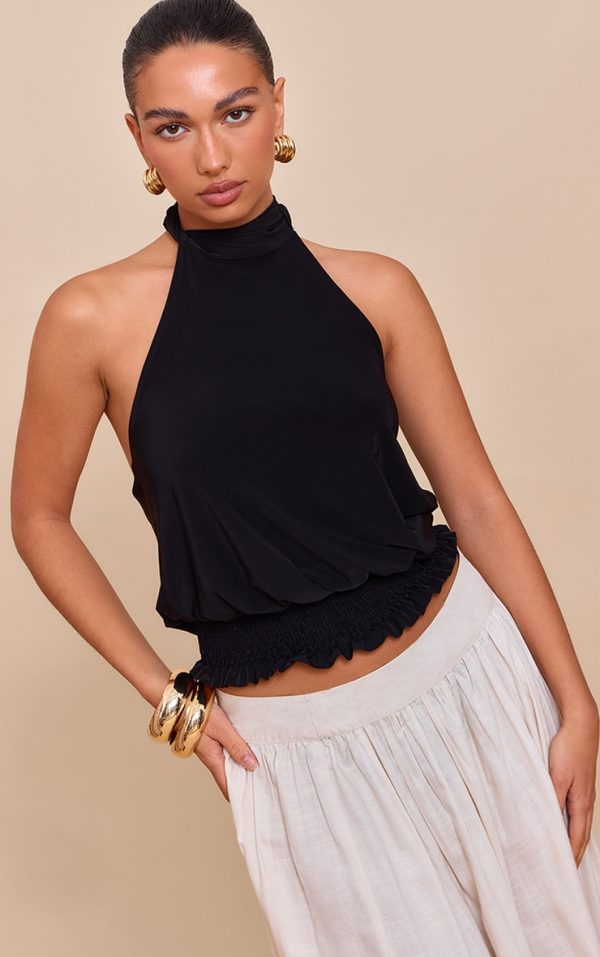 7b5a562f68c8e97dc0827a7b8de72b5ccbdb2fc8_CNM8015_1_black_double_layer_slinky_shirred_hem_halterneck_top