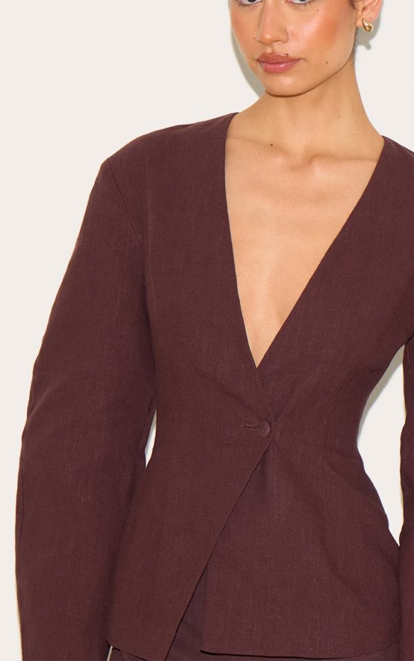 7bb18f53101db826d9a077794db369f60bf14f60_CNM7371_4_tall_chocolate_premium_linen_look_tailored_cocoon_sleeve_cinched_blazer