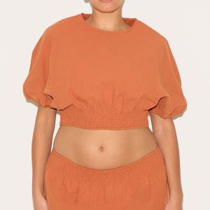 Plus Burnt Orange Sheered Waist Cap Sleeve Crop Top