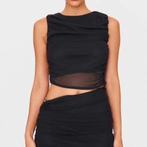 Black Mesh Ruched Trim Detail Crop Top