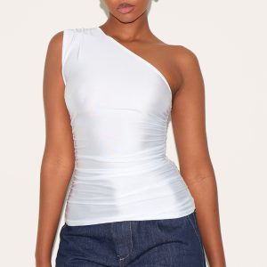 White Stretch Slinky Ruched Side Long Top