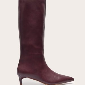 Plum PU Point Toe Low Stiletto Knee High Heeled Boots