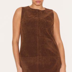 Plus Deep Chocolate Faux Suede Seam Detail Sleeveless Shift Dress