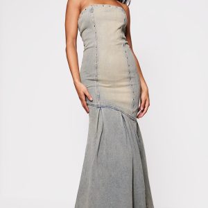 Vintage Wash Green Tint Studded Seam Detail Frill Hem Denim Maxi Dress