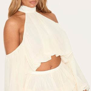Shape Cream Chiffon High Neck Off Shoulder Blouse