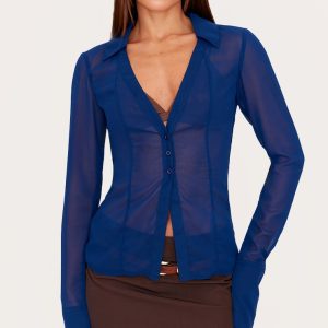 Tall Navy Mesh Button Front Blouse