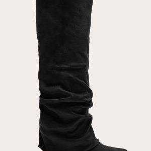 Black Faux Suede Point Toe Fold Over Block Heel Knee High Boots