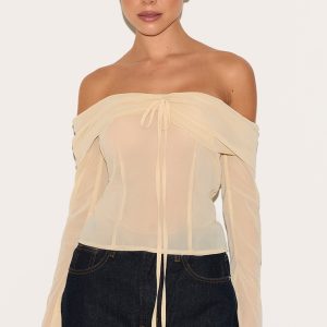 Almond Bardot Chiffon Blouse