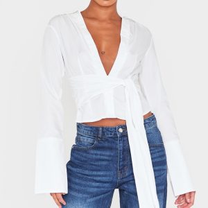 White Cinched Tie Waist Shirt
