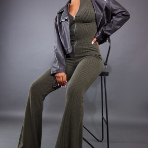 Moss Khaki Two Tone Rib High Waist Flares